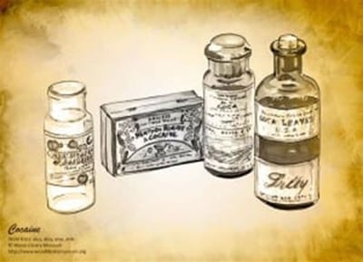 COCAINE: (Left to right) 'A bottle for Boehringer Muriate of Cocaine, a tin for menthol and cocaine throat lozenges, a bottle for powdered cocaine manufactured by Park, Davis & Co., & a glass bottle for fluid extract of cocaine manufactured by Eli Lilly and Co.' Photo: © Wood Library-Museum. www.WoodLibraryMuseum.org