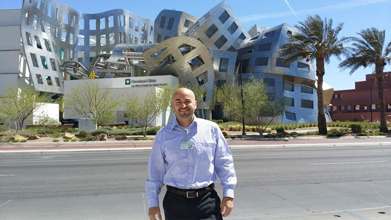 MED STUDENT DOING RESEARCH: Aaron Vazquez in front of the Lou Ruvo Center for Brain Health at the Cleveland Clinic in Las Vegas, Nevada when he was a UMHS student