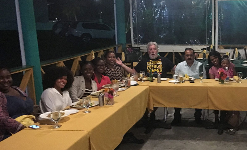 FOOD, FUN & CAMARADERIE: (left to right) Zonelle Harris, Everlyn Santana, Brittany Swait, Eboni Peoples, Tiara Gaines-Still, Dr. David Herrick, Dr. Jagadeesh Nagappa & Beatrice Georges at the Fostering Relationships Dinner at Jam Rock Restaurant. Photo: UMHS ACSA