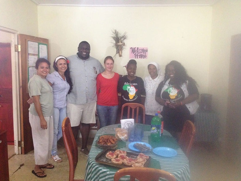 FOOD, FUN & SMILES: (L to R ) Sister Julita, Angelica Garcia, Robertino Simpson, Kathrin P, Marjorie Williams, Sister Margareth, Adeola Mustapha. Photo: UMHS ASA