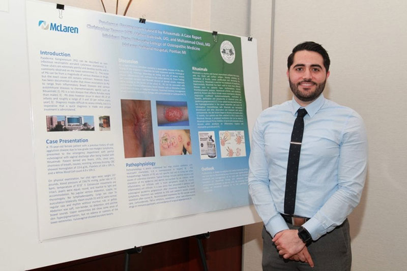 Future doctor Christopher C. Zarour giving a poster presentation on Pyoderma Gangrenosum caused by Rituximab. Photo: Courtesy of McLaren Oakland Hospital