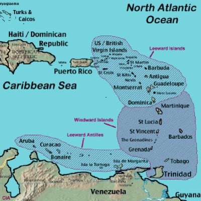 LEEWARD ISLANDS: Map showing the Leewards (upper right), a Caribbean region that Dr. Avery says needs help with HPV prevention. Dr. Avery wants to focus first on St. Kitts & Nevis. Map: Geology.com