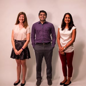 Nihal Satyadev (center) with Care Corp co-project team members Norma Bostarr (far left) & Heena Doshi (far right)