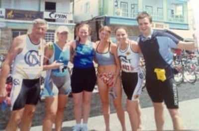 NEVIS TRIATHLON: Dr. Avery (left) & 3 female medical students & son Will Avery (far right). ‘The combined ages of the 3 girls was less than my total years,’ he says.