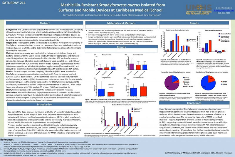 PRESENTED IN BOSTON BY UMHS STUDENTS & DR. HARRINGTON: 'Methicillin-Resistant Staphylococcus aureus Isolated from Surfaces and Mobile Devices at Caribbean Medical School.' Image: Courtesy of Dr. Jane Harrington