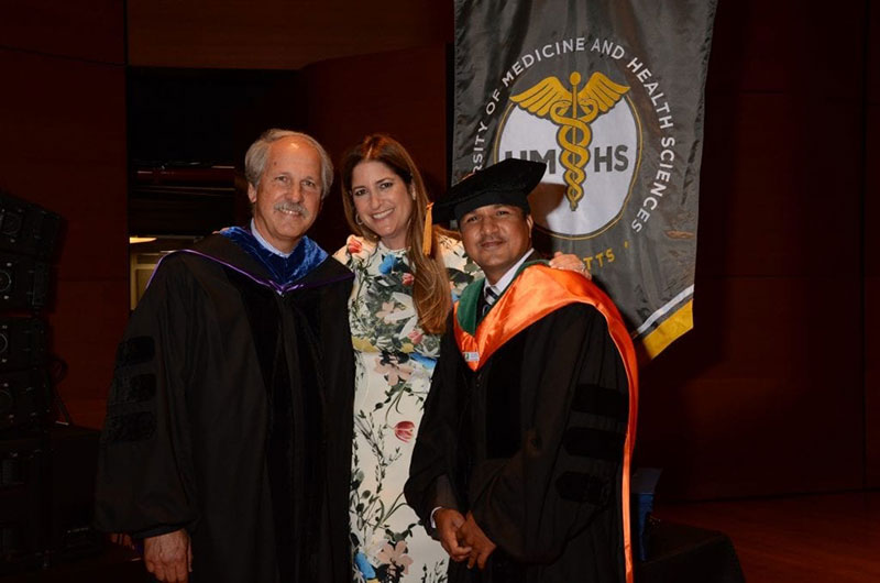President Warren Ross (far left) with UMHS VP of Enrollment Management Michelle Peres & popular UMHS professor Dr. Prakash Mungli at graduation on June 8, 2018 at Alice Tully Hall, Lincoln Center, New York City. Photo: Island Photography