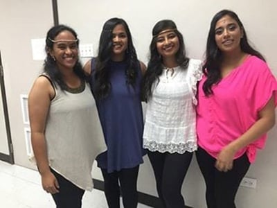 UMHS Naach; (left to right) Adith Srinivasiah, Ruth Jacob, Lujain Qureshi & Surpreet Khunkhun. Not pictured: Caroline Sharza. Photo: Courtesy of Ruth Jacob