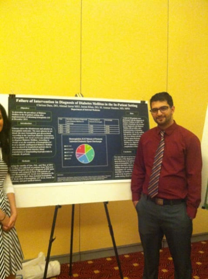 UMHS STUDENT AT MCLAREN OAKLAND: Ahmad Jarrar also competed, entering in the original research category for “Failure of Intervention in Diagnosis of Diabetes Mellitus in the In-Patient Setting” with chief Internal Medicine resident Dr. Clarissa Dass. Photo: Courtesy of McLaren Oakland